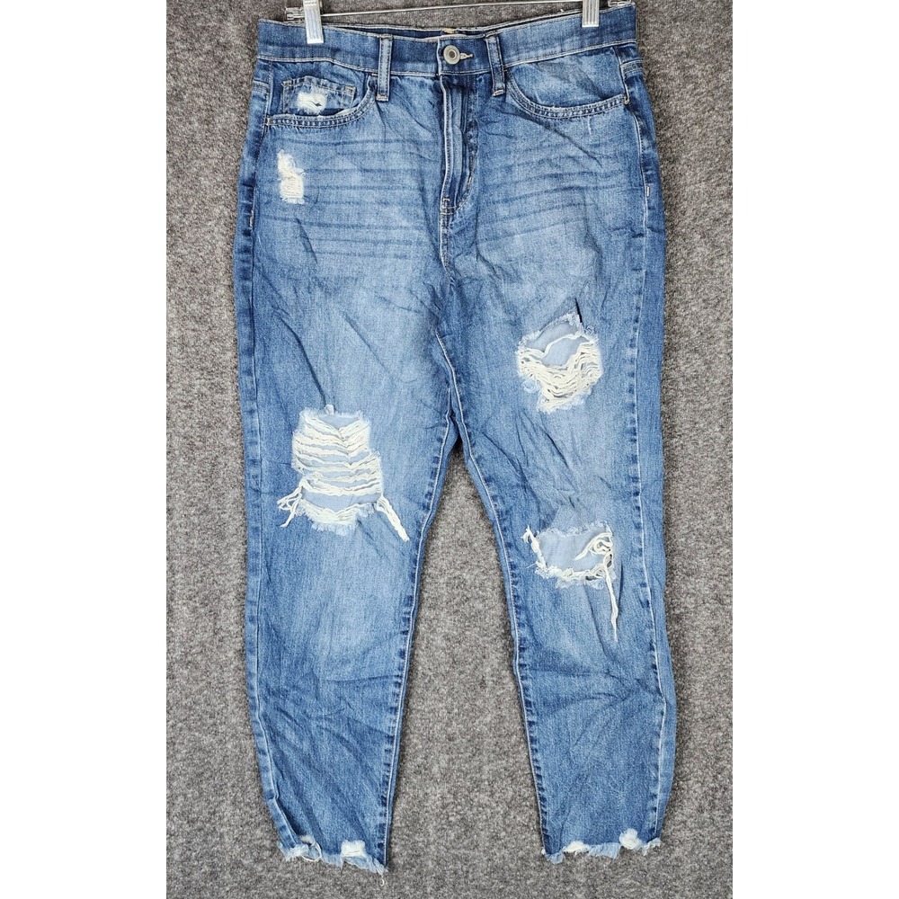 SO Jeans Womens 11 High Rise Mom Jean Blue Distressed Raw Hem EUC